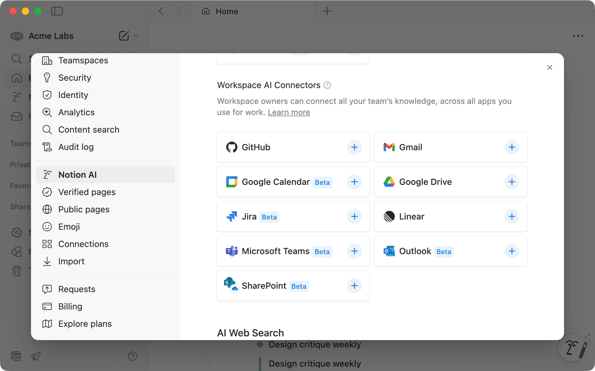 Explore and set up AI connectors from your workspace settings.