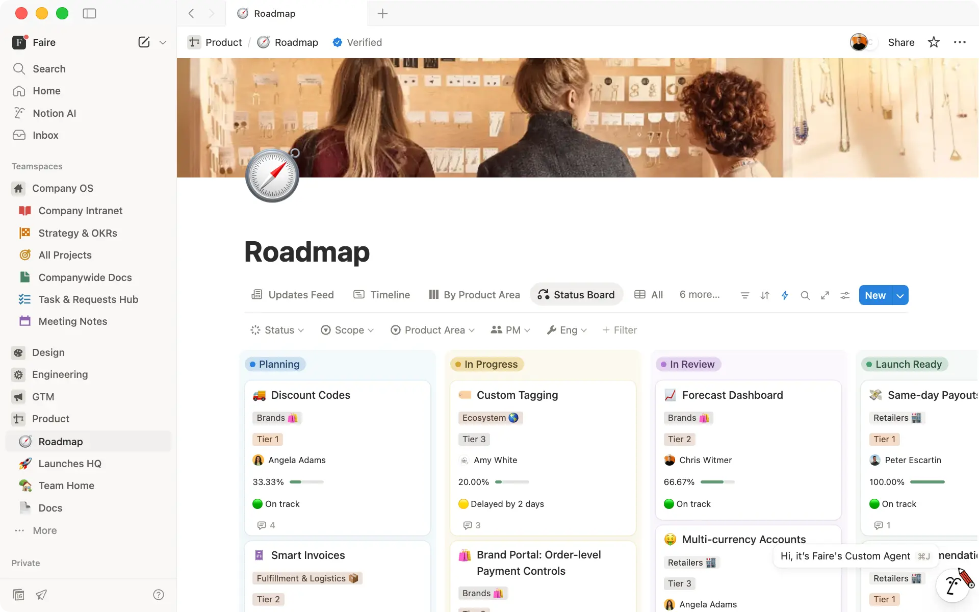 From plan to progress in one connected view—shared context, live status, and the next move, all in a Notion roadmap