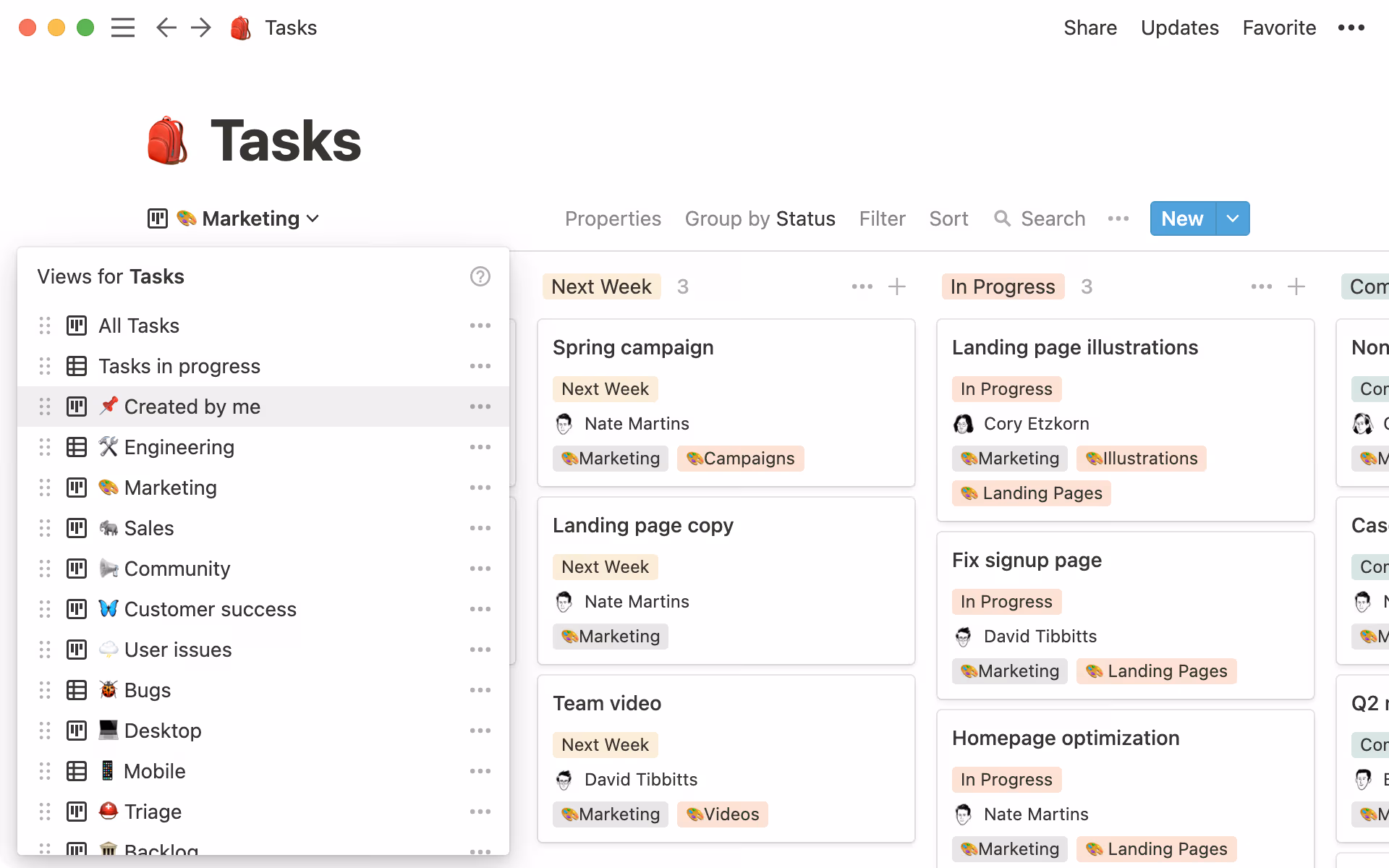 There are many views of the shared tasks database, like views for teams and people.