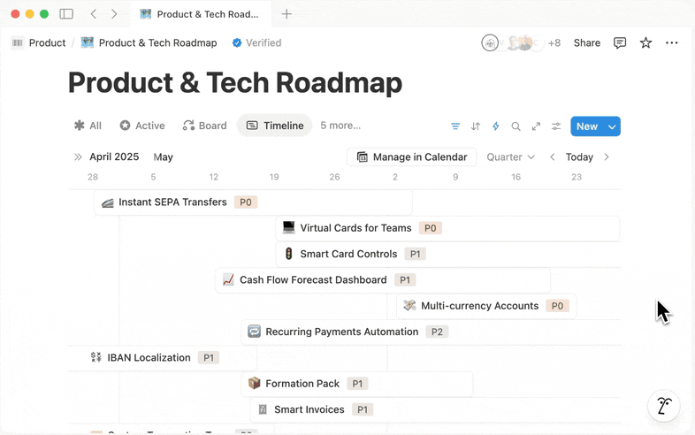 Qonto’s Product & Tech Roadmap, which uses Notion’s product databases