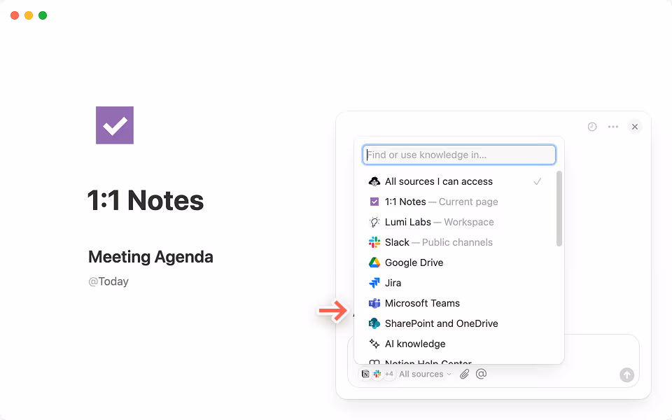 Select the + Connect apps option in the “All source” tab of your Notion AI chat to get started.