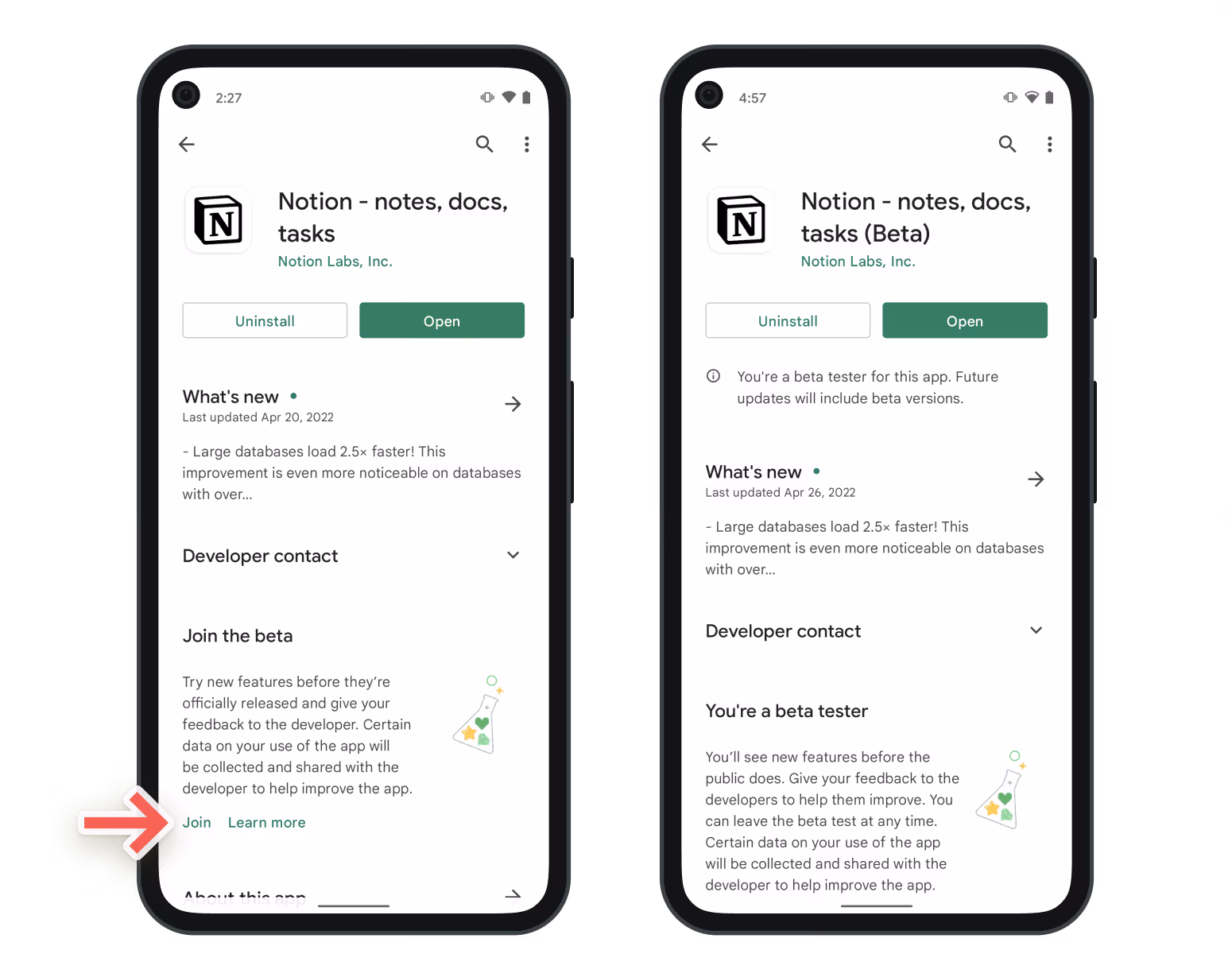 Screenshots of signing up for Notion's Android beta in the Google Play store.